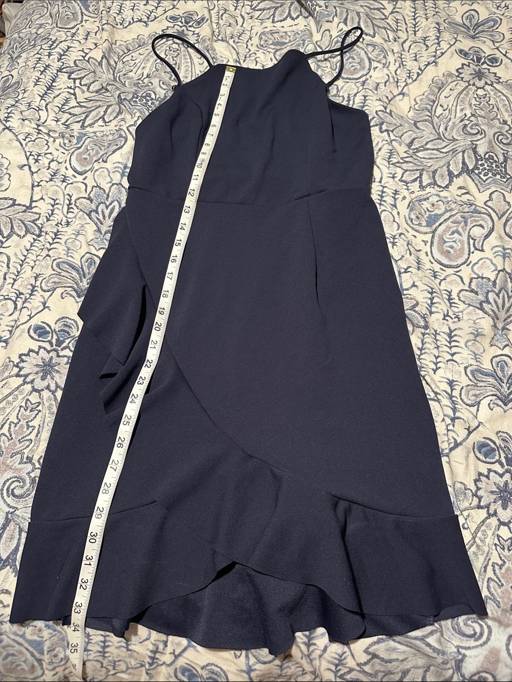 Alya Navy Spaghetti-Strap Ruffle-Hem Mini Dress